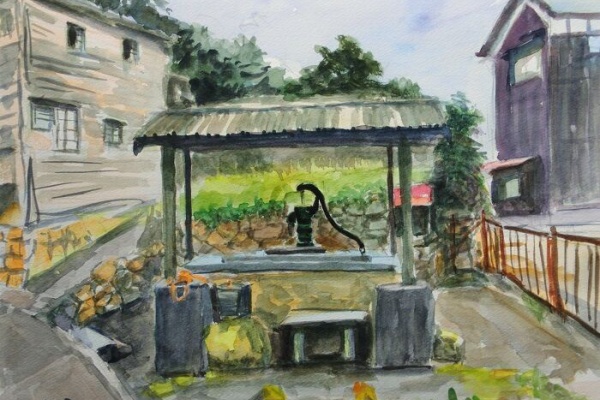 日本画 風景画 漁師と家屋 砂田友治「風景画」油絵・F6号 絵画買取・販売の小竹美術