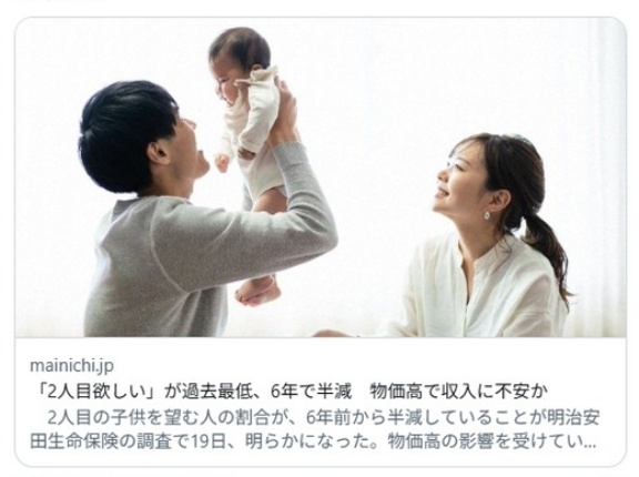 【子供】「2人目欲しい」が過去最低、6年で半減　物価高で収入に不安か