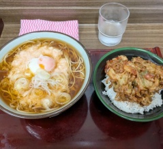 船堀「文殊」明太とろろそば（温玉付）＋かき揚げ