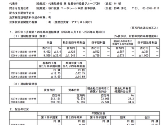 デジタルガレージ 2027年3月期第1四半期決算