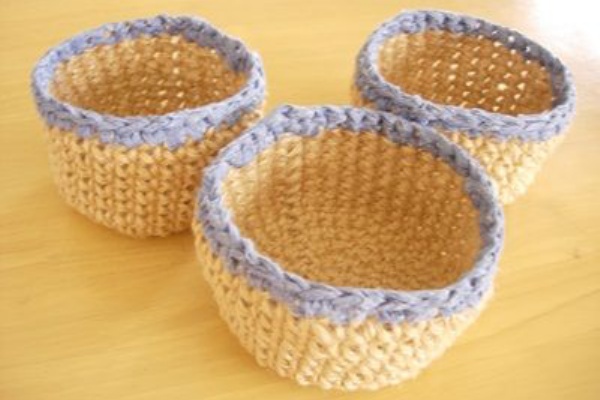 麻紐かご 小物入れ３個 布と毛糸とハンドメイド