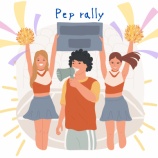 『Students gather in the gym for a pep rally .(激励集会の為、生徒は体育館に集まる)』の画像