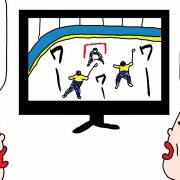 中年夫婦　冬季オリンピックアイスホッケーテレビ観戦