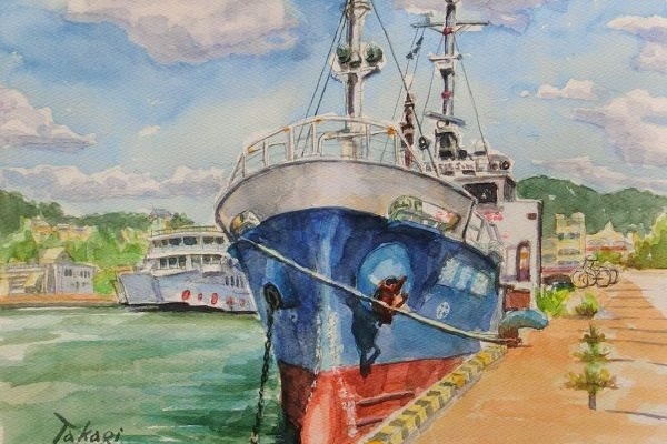 絵画　港　船　海 漁港に停泊する赤い船に出逢う - 心が揺れる中年水彩作家の