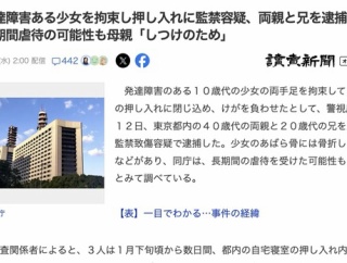 【座敷牢】「しつけのため」発達障害ある少女を拘束し押し入れに監禁、両親と兄を逮捕