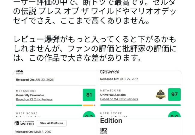 【朗報】スプラトゥーンレイダースのユーザースコアが9.3で任天堂史上最高のゲームにwwwww