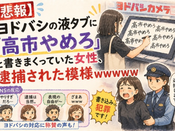 【悲報】ヨドバシの液タブに「高市やめろ」と書きまくっていた女性、逮捕された模様ｗｗｗｗｗ