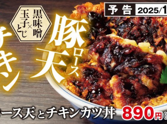 濃厚黒味噌ダレが絡む！かつや「豚ロース天とチキンカツ丼」