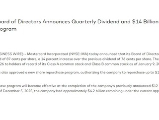 【MA】マスターカードが14％増配を発表しました！！