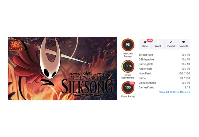 【神ゲー】Hollow Knight: Silksongさん、メディアスコア100点ユーザースコア100点を達成wwwwwww