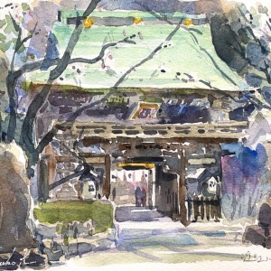 【真作】絵画　水彩（色紙）　フランクフルトのまち　スケッチ風景　Y197 滋賀県大津市堅田】浮御堂が見える初夏の琵琶湖をスケッチしました